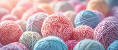 AI generated A captivating abstract backdrop with multicolored yarn balls, creating a warm and inviting knitting-themed background with pastel soft colors, Ai Generated. photo