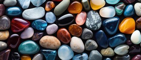 AI generated Flat lay of colorful rocks, meticulously arranged by color for a geological display, Ai Generated photo