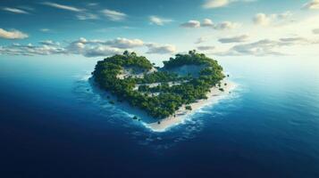 ai generado en forma de corazon isla en el azul océano, un único y romántico isla concepto, ai generado foto