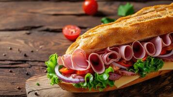 AI generated Submarine sandwich with ham or jamon, cheese, lettuce, tomatoes, onion, mortadella, and sausage on a rustic wooden table, a savory delight, Ai Generated. photo