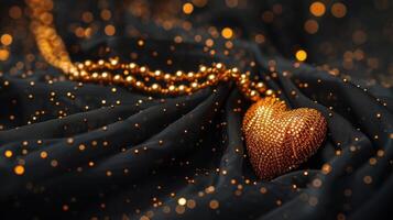 AI generated Heart-shaped pendant on black cloth, accented with gold beads for elegance, Ai Generated photo