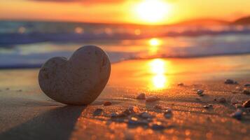 AI generated Sunset at the beach with a heart-shaped stone placed gently on the sand, Ai Generated photo