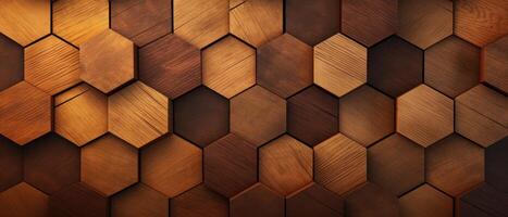 AI generated A captivating abstract backdrop featuring hexagonal geometric patterns in wood, ideal for creating a unique and visually appealing banner illustration, Ai Generated. photo