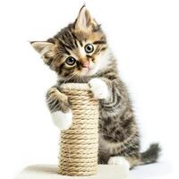 AI generated A charming kitten portrait, scratching a post, isolated on white background, Ai Generated photo