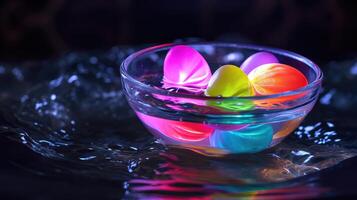 AI generated Illuminated multicolored eggs in a glass aquarium radiate a mystical charm, Ai Generated photo