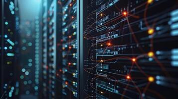 AI generated Server rack animation with interconnected circuit board dots, Ai Generated photo