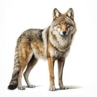 AI generated A wolf captured in a photo, vividly set against a pure white background, Ai Generated photo