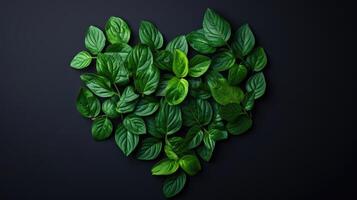 AI generated Leaves arranged into a heart shape on a black background, a natural, artistic display, Ai Generated photo