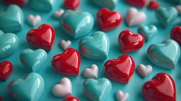 AI generated Animated 3D hearts throbbing on a tranquil teal background, Ai Generated photo