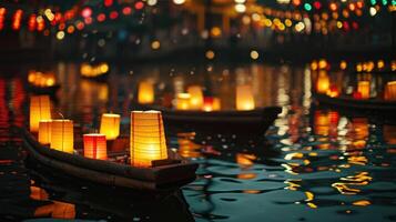 AI generated Row boats adorned with Chinese lanterns, gently floating on water, Ai Generated photo