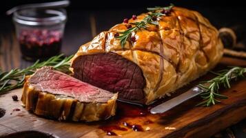 AI generated Indulge in the gastronomic masterpiece of a tenderloin Beef Wellington, a gourmet sensation wrapped in savory pastry, Ai Generated. photo