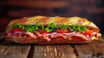 AI generated Submarine sandwich with ham or jamon, cheese, lettuce, tomatoes, onion, mortadella, and sausage on a rustic wooden table, a savory delight, Ai Generated. photo