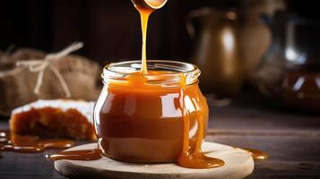 AI generated Add a touch of sweet indulgence to your treats with this delectable homemade salted caramel sauce, Ai Generated. photo