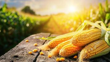 AI generated Embrace the essence of farm-fresh goodness with plump corn cobs set against the backdrop of a picturesque cornfield, Ai Generated. photo