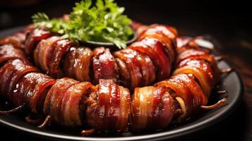 AI generated Bacon-wrapped dates blend sweet and savory for a delectable treat, Ai Generated. photo
