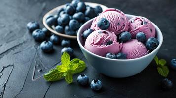 AI generated Delicious Homemade Blueberry Ice Cream in a Bowl with Fresh Blueberries, Exuding Cool Delight, Ai Generated photo