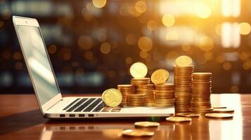 AI generated Cash and gold coins pile on laptop for online banking and money-making, Ai Generated photo