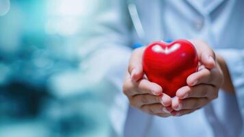 ai generado un médico sostiene un rojo corazón en un hospital, simbolizando amor y donación, ai generado foto