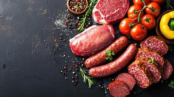 AI generated Assortment of fresh raw meat and sausages, elegantly presented on a black background, Ai Generated. photo