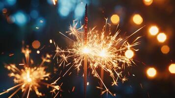 AI generated Vivid fireworks burst in celebration, with sparklers glowing against a bokeh backdrop, Ai Generated photo