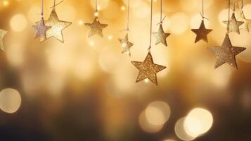 AI generated Star-shaped Christmas lights hanging from fir branches, with a backdrop of softly blurred, abstract bokeh, Ai Generated. photo