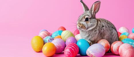AI generated A cute little Easter bunny sits amongst a multitude of colorful painted eggs, Ai Generated. photo