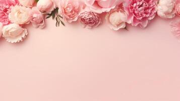 AI generated Peonies and roses arranged on a pink background, complete with space for text. An abstract, natural floral frame design offering room for wording. A romantic,  Ai Generated photo