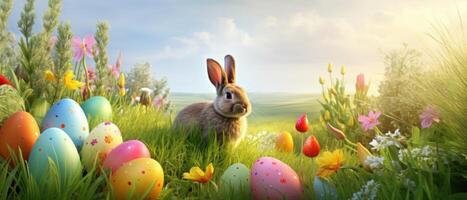 AI generated Easter eggs and an Easter bunny rabbit adorn a lush green meadow, Ai Generated. photo