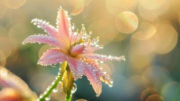 AI generated Capturing the beauty of a dew-kissed flower in mesmerizing macro photography against an abstract bokeh background, Ai Generated. photo