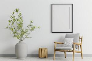 AI generated A blank frame mockup in a modern interior with a trendy vase and chair against an empty white wall background, Ai Generated photo