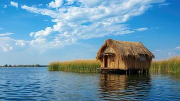 AI generated A charming thatched house perched atop tranquil waters, a serene and idyllic setting. Ai Generated photo