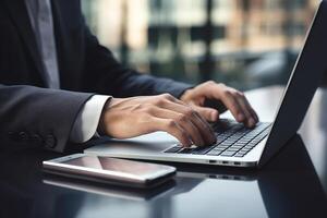 AI generated The hand of a businessman pressing a laptop keyboard on a table, a symbol of productivity, Ai Generated photo