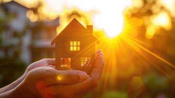 AI generated Real estate acquisition symbolized by hands holding a small house against the backdrop of sunlight, Ai Generated photo