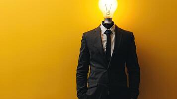 AI generated Smart idea concept featuring a lightbulb on the body of a man in a suit against a yellow background, Ai Generated photo