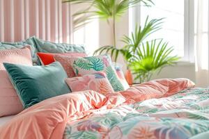 AI generated Discover a captivating photo of a gorgeous modern, colorful, and soft interior with a velvet bed and print pattern. Ai Generated