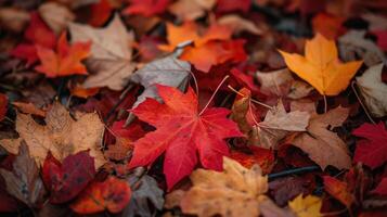 ai generado vibrante rojo arce hojas manta el bosque suelo en otoño, ai generado foto