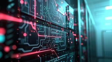 AI generated Server rack animation with interconnected circuit board dots, Ai Generated photo