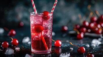 ai generado un vaso de Cereza jugo con hielo cubitos y cerezas en un mesa, ai generado foto