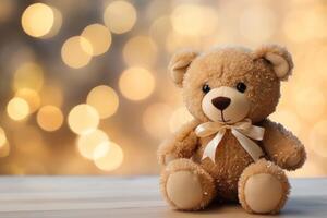 AI generated Toy teddy bear sits serenely, a front view against a dreamy bokeh background, Ai Generated. photo