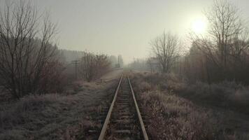 Drohne fliegend Über ein alt eng Spur Eisenbahn im das früh Morgen. Antenne Aussicht von das Eisenbahn Spuren video