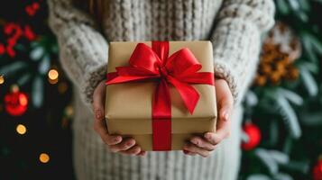 AI generated A woman holds a gift box with a ribbon, symbolizing the joy of giving, Ai Generated. photo