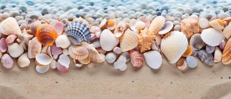 ai generado un de cerca de un corazón Roca en medio de muchos conchas marinas en el arenoso playa evoca encanto, ai generado. foto