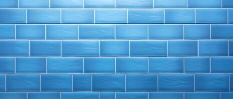 AI generated Blue light brick subway tiles ceramic wall texture, creating a wide tile background for banners and panoramas, Ai Generated. photo