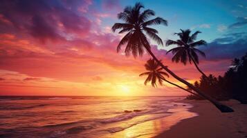 AI generated Gorgeous, vivid sunset at a tropical sea beach, outlined by coconut tree silhouettes, Ai Generated. photo