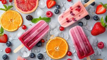 ai generado golpear el calor con estos encantador Fruta y baya hielo estallidos, ai generado. foto