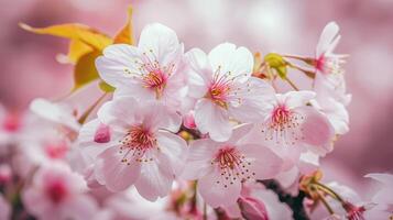 AI generated Cherry flowers bloom in small clusters on a Sakura tree branch, Ai Generated. photo