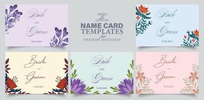 novia y novio nombre tarjeta plantillas en primavera colores. conjunto de cinco floral florido tarjetas en pastel colores con sitio para nombres y evento fecha. vector