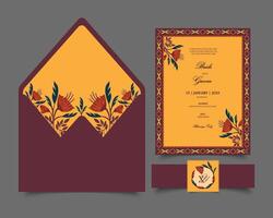 Floral wedding invitation set template in Spring theme. Set of three invitation stationeries including a card, envelope and a sticker with bellyband vector