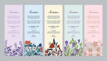 Pastel color floral invitation card design templates. Set of 5 floral invitation card templates in spring colors with place for texts vector