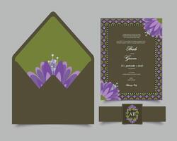 floral Boda invitación conjunto modelo en primavera tema. conjunto de Tres invitación papeleria incluso un tarjeta, sobre y un pegatina con banda estomacal vector